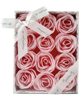 Caja de 12 rosas en hojas de jabón rosa y blanco – Rosa